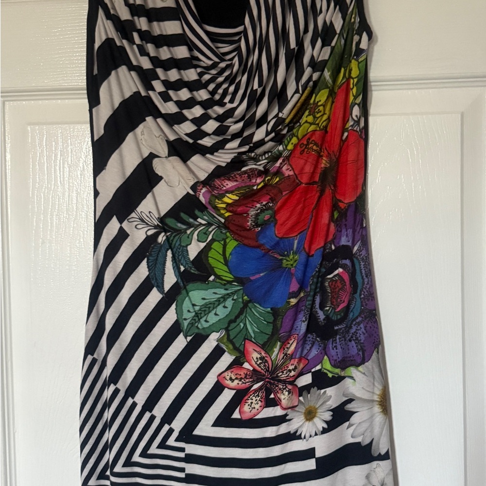 Desigual Black and White Striped Midi Dress with Floral Design